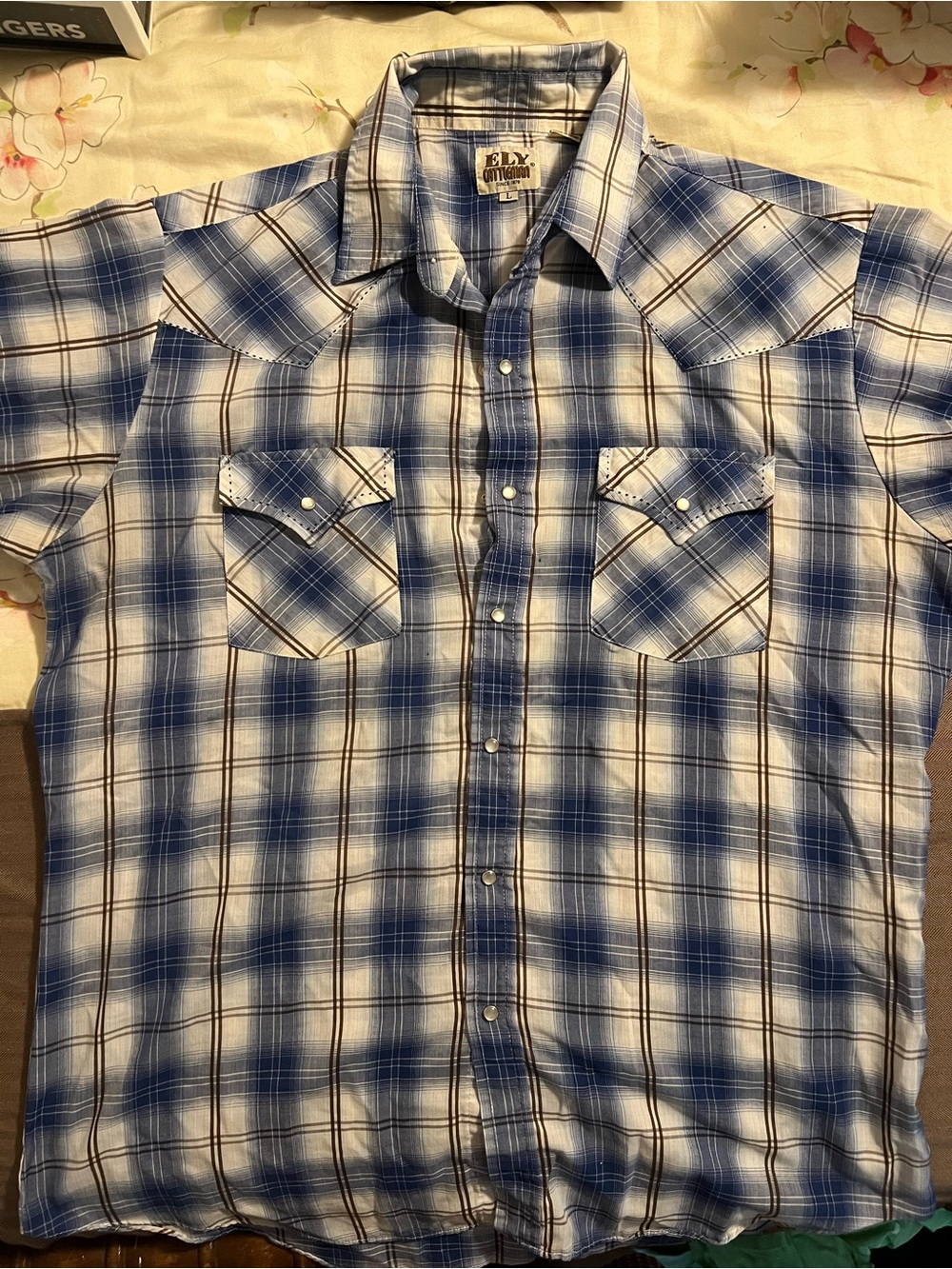 VTG Ely Cattleman Lightweight Western Shirt Mens L Plaid Blue Pearl Snap Cowboy